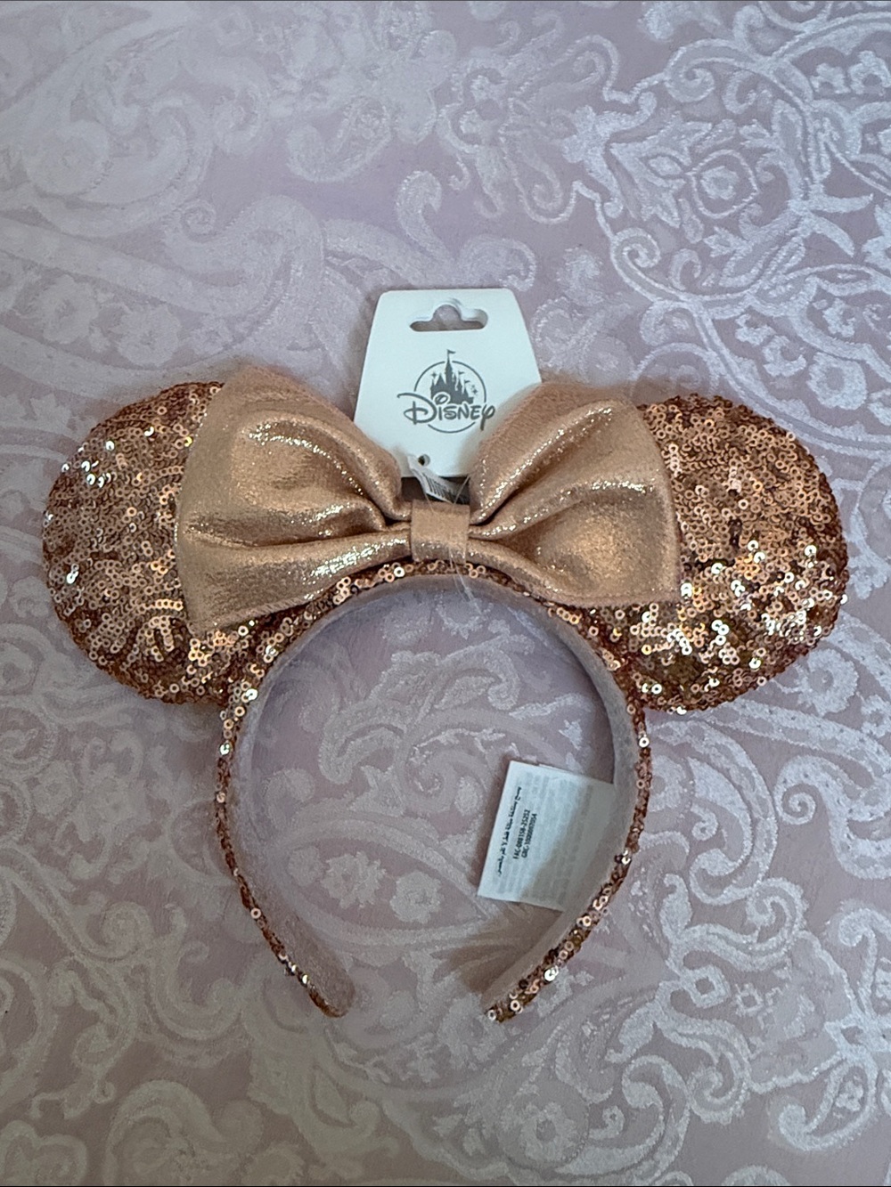 Disney Rose Gold Sequin Minnie Ear Headband with Metallic Bow